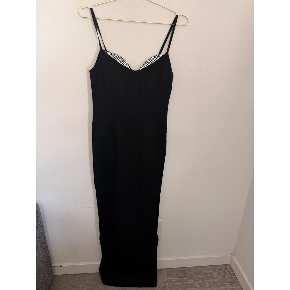 Good American Black Rhinestone Sweetheart Neck Ponte Maxi Dress Women Size M NEW